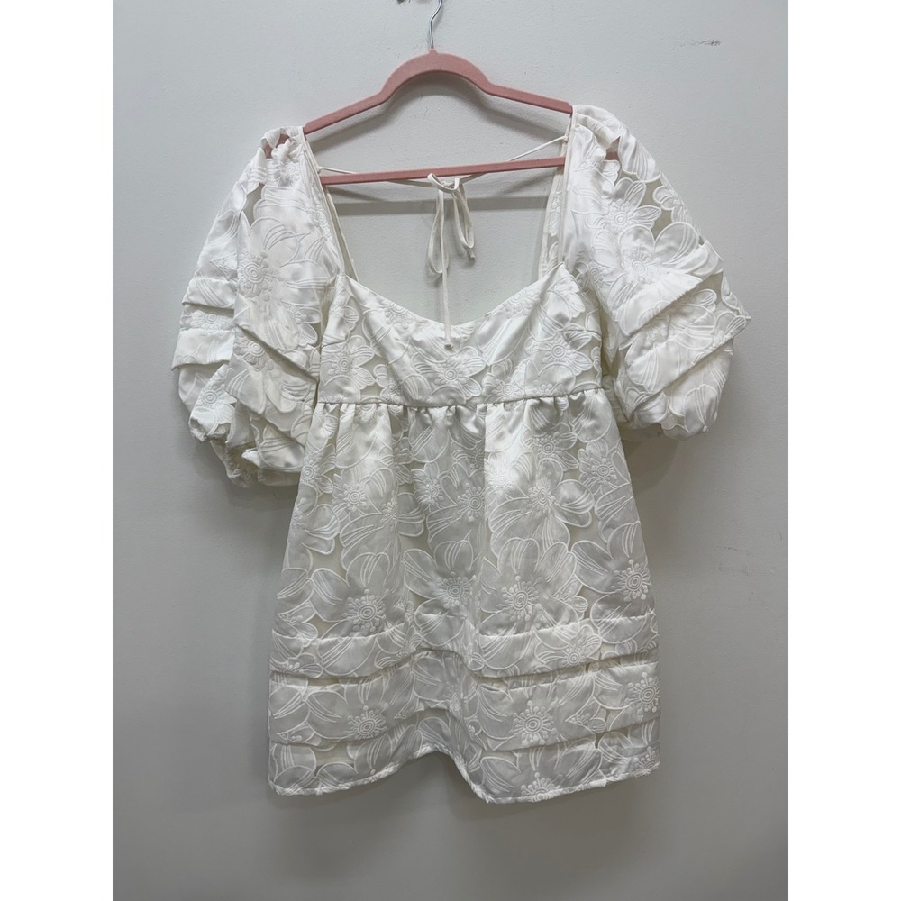 For Love & Lemons Babydoll Dress Medium White Floral Embroidery Puff Sleeve Mini